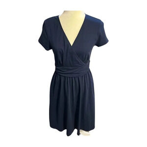 Newshows Faux Wrap Dress Medium Navy V-Neck Short Sleeve Swing A-Line Pockets